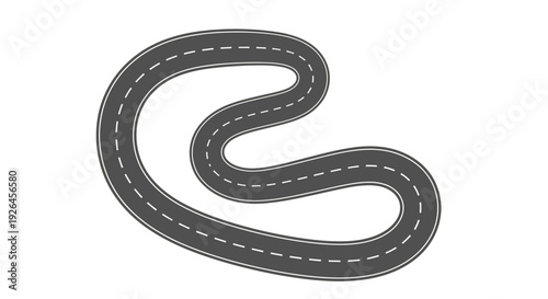 Curved Asphalt Road with White Markings on White Background