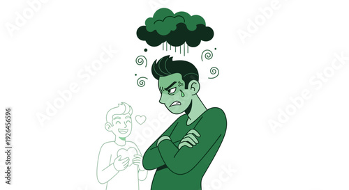 Illustration of Jealous Man Under Cloud with Happy Friend Nearby