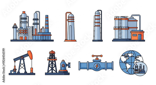 Oil and gas industry infrastructure, including refineries, pumps, and pipelines, worldwide.