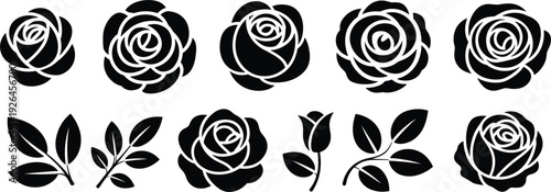 Assortment of Black Rose Silhouettes and Leaves on White Background Keywords: rose, silhouette, flower, floral, petals, bloom