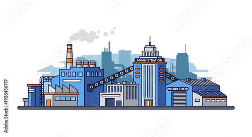 Industrial complex illustration depicting factories and manufacturing plants in a cityscape.