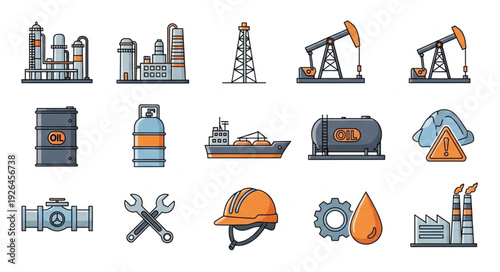 Oil and gas industry icons representing various aspects of energy production and transportation.