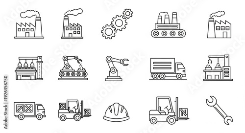 Industrial manufacturing process and factory production line icons set.