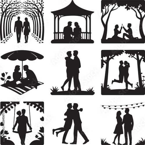 black silhouettes of couples in various romantic settings and poses