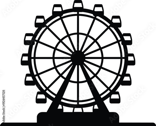 Black silhouette vector illustration of Ferris wheel amusement ride with cabins, circular structure and supporting beams, entertainment design for carnival, fairground, leisure themes