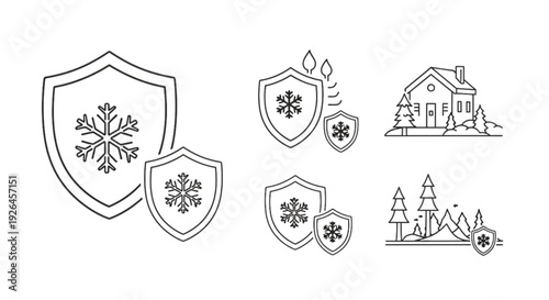 Protection Shield Icon Set – Safety and Insurance Outline Vector Collection