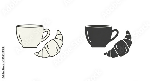 Coffee and Croissant Icon – Breakfast Cafe Outline Vector Collection