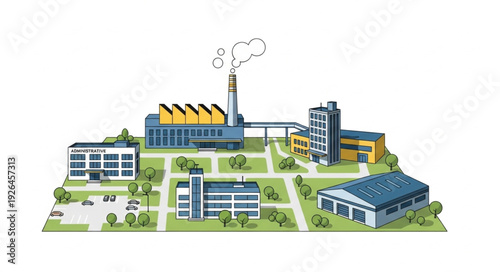 Industrial complex showcasing various buildings and a prominent smokestack emitting fumes.