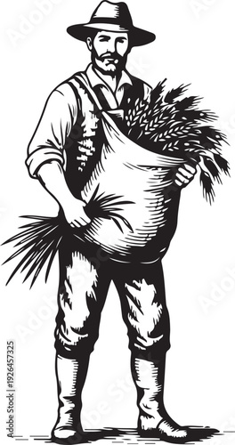 A man in a hat holding a large bunch of wheat and a rake