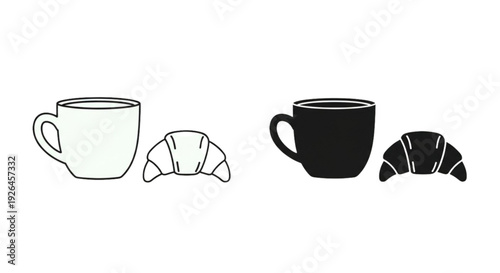 Coffee and Croissant Icon – Breakfast Cafe Outline Vector Collection
