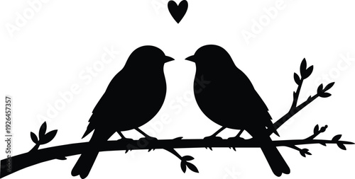 Black silhouette vector illustration of two birds perched on branch with heart symbol above, romantic love design for nature, affection, couple themes