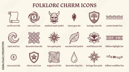 An illustration showcasing various folklore charm icons, including symbols of strength and muscle, representing cultural heritage and traditional designs