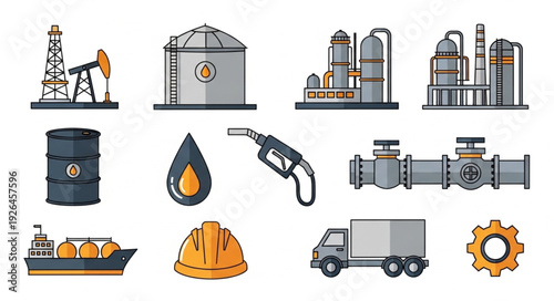 Oil and gas industry icons representing various aspects of the energy sector.