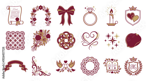 Strong muscle man flexing in various wedding elements, DHS icon style