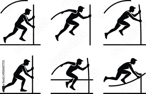 Black silhouette vector illustration showing six stages of pole vault motion, athlete sequence design for sports training, competition, athletics, education themes