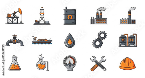 Collection of Oil and Gas Industry Icons Representing Energy Production.