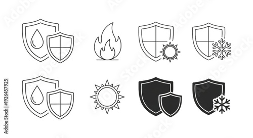 Protection Shield Icon Set – Safety and Insurance Outline Vector Collection