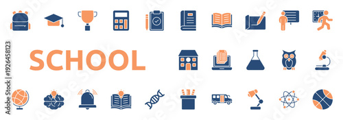School icon two color style with book, open book, writing, presentation, exercise, bag icons