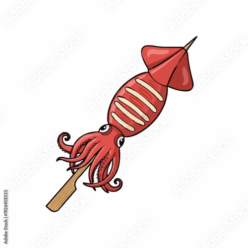 Grilled Whole Squid on Skewer A Reddish Brown Seafood Delicacy with Eight Tentacles and White Stripes Cooked Over an Open Flame Against a White Background