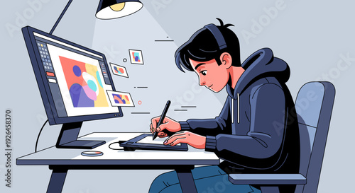 Young Man Working on Graphic Design Project.