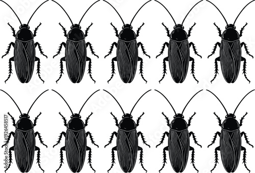 Cockroach silhouette vector illustration, insect pest control artwork, entomology educational design, black insect grid pattern, cockroach anatomy detail, insect identification reference