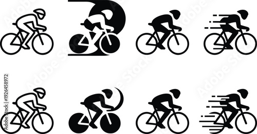 Cyclist silhouette vector icons, bicycle rider illustration, sports design element, cycling motion artwork, fitness activity symbol, athletic graphic decoration, transportation concept.