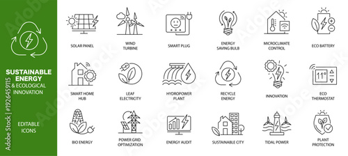 Sustainable Energy and Ecological Innovation Linear Icons Set, Solar Panel Wind Turbine Smart Home