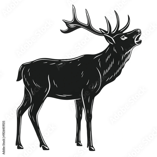 A striking black and white illustration of a majestic stag in profile