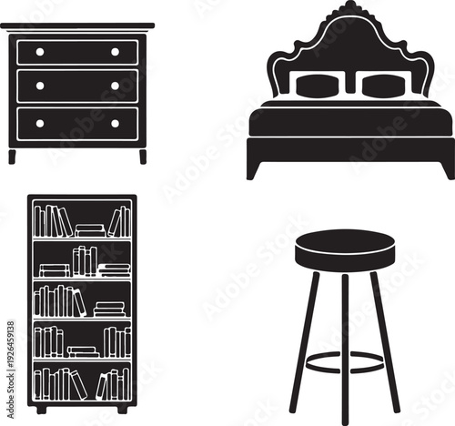 Black Silhouette Bedroom and Living Room Furniture Icons dresser chest of drawers