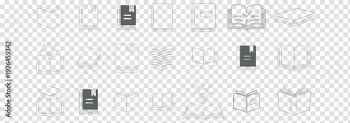 Open book icon set featuring outline, half-filled, and solid variations