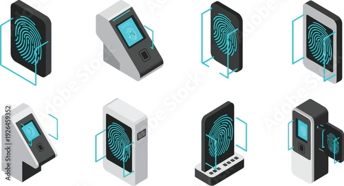Various isometric biometric fingerprint scanners and access control devices are displayed.