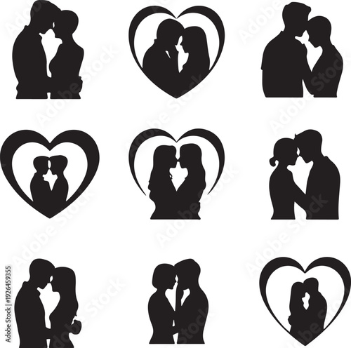 black silhouettes of couples kissing and hearts