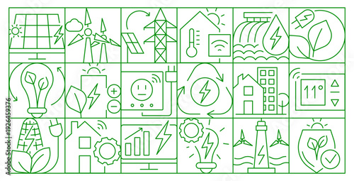 Minimal Eco Linear Pattern with Sustainable Energy Icons, Renewable Technology Seamless Background