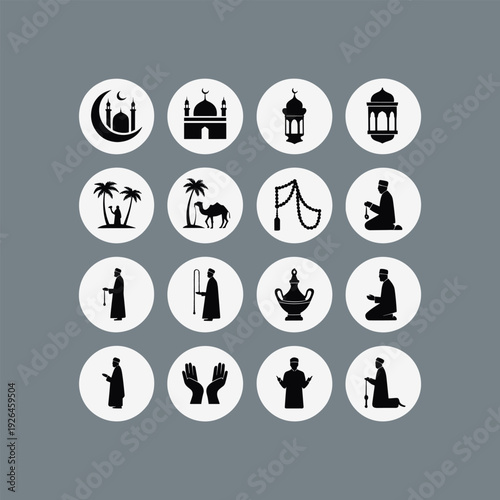 Islamic Religious Icon Set with Mosque, Lanterns, Camel, and Muslim People Praying Silhouettes