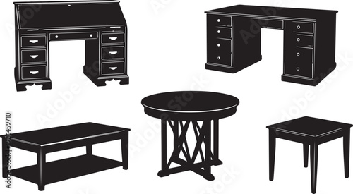 Collection of Furniture Silhouettes Including Desks and Tables group