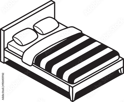 Isometric line art drawing of a bed with striped bedding and pillows bedroom furniture
