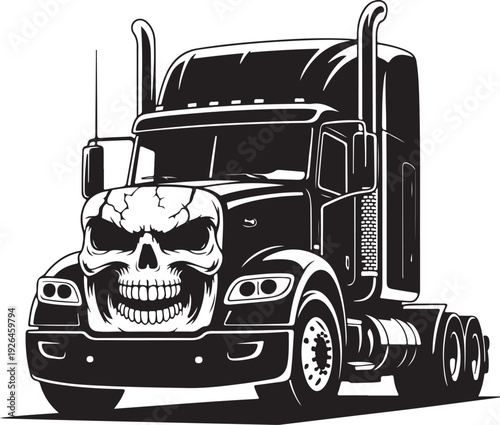 Black semi truck with skull on front grille driving on road