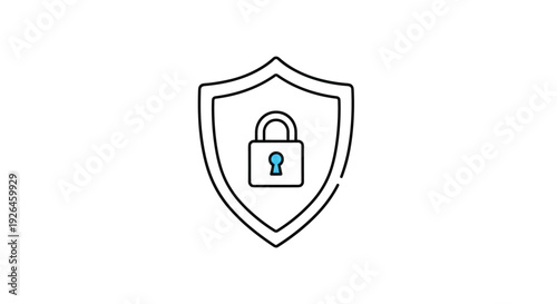 Clean icon design representing digital security and data protection with a line art shield containing a locked blue padlock symbol.