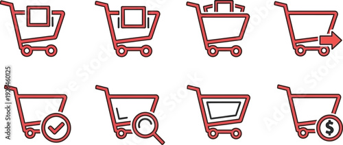 Red shopping cart icons display various e-commerce functions like search and checkout.