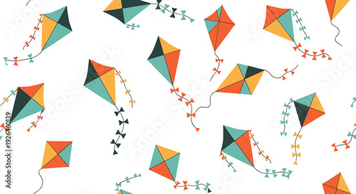 Seamless pattern of numerous colorful kites flying in various directions on a clean white background for children and summer themes.