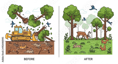 Transformation of deforested land to lush forest ecosystem with wildlife showing environmental recovery and conservation efforts