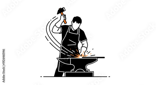 Blacksmith forging metal on anvil in minimalist vector illustration