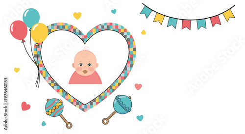 Baby announcement card featuring a checkered heart frame for a photo surrounded by colorful balloons, rattles, and festive flags.