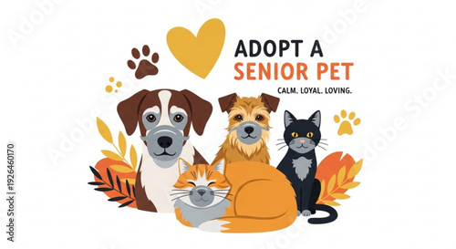 Adopt senior pets illustration featuring dogs and cats with heart and paw prints on white background