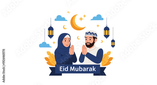 Muslim couple in traditional attire greeting with joined hands for eid mubarak celebration against a background of crescent and lanterns.