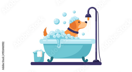 Cute dog taking a bubbly bath in a blue bathtub