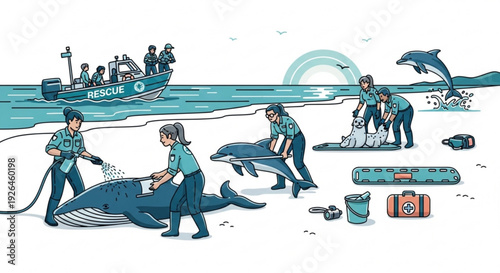 Rescue team saving dolphins from ocean pollution on a sandy beach with equipment and a rescue boat in the background