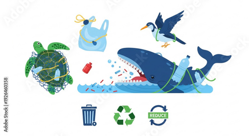 Marine life entangled in pollution with recycling symbols