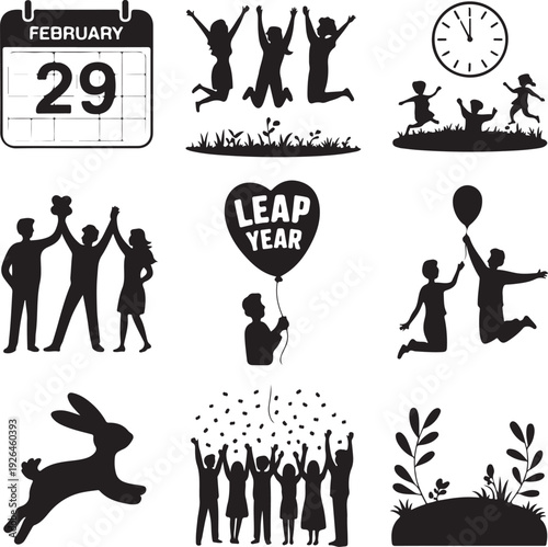 Black silhouettes of people and animals celebrating leap year on white background