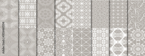 Set of Light Grey Geometric Ornament Seamless Patterns with Mandala and Floral Motifs